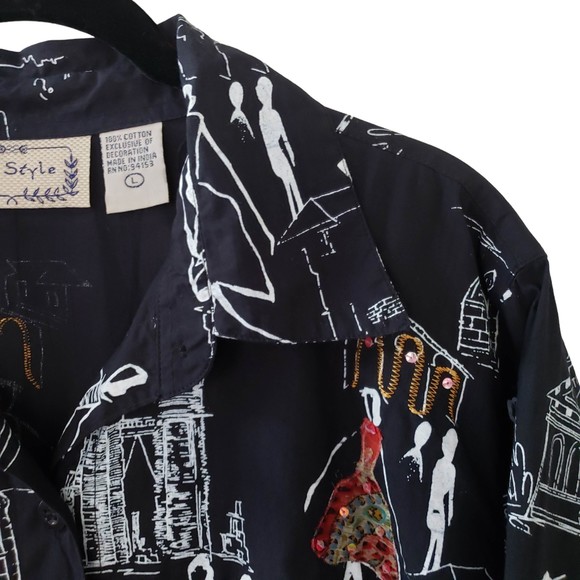 Life Style Travel Landmarks Embroidered Artwork Short Sleeve Shirt, Black, Sz L - Picture 3 of 10